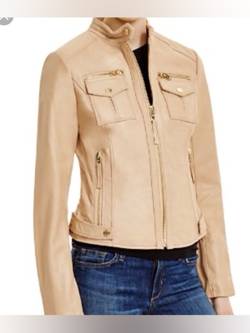 New Michael Kors Soft leather zip front Buttery Tan moto jacket Cafe Racer $498